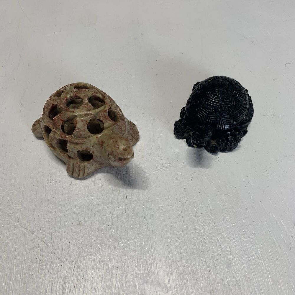 Hand Carved Lot Of 2 Soapstone Turtle Sculpture W Baby And Feng Shui Black